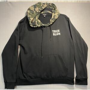 True Religion Hoodie Mens XXL Black Camo Hood Pullover Sweatshirt Streetwear